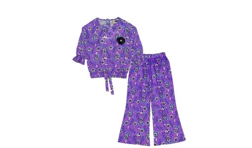 Lilac-Flowers-Cotton-Short-Top-&-Flare-Trouser---Purple