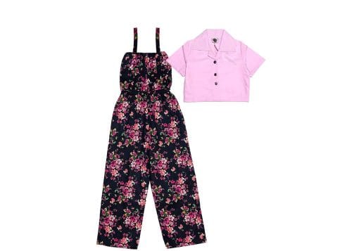 Preety-Flowers-Bunch-Jump-Suit-with-Short-Coat-Coller-Shirt---Black-Baby-Pink