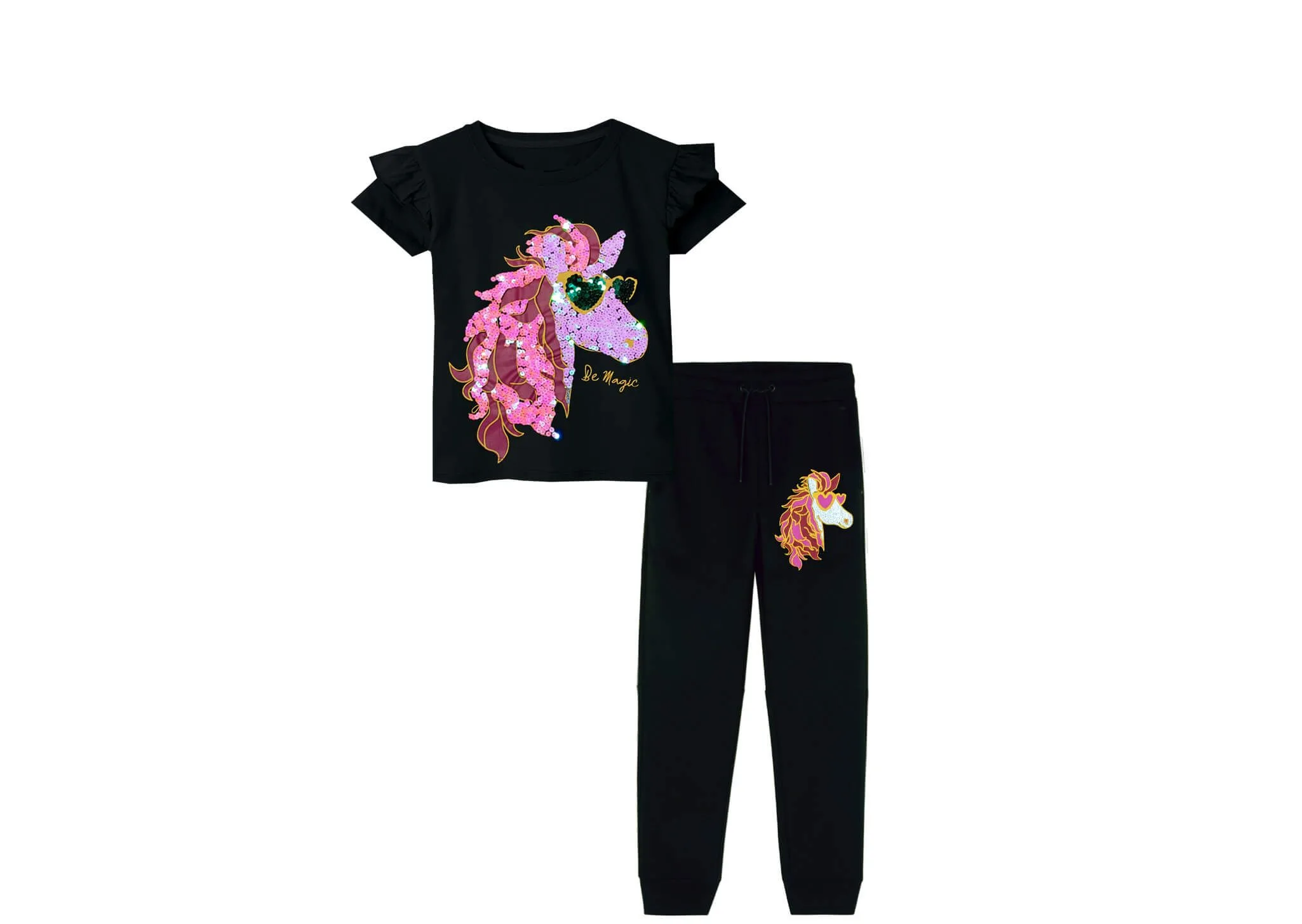 Be-Magic-Sequin-Unicorn-Frill-Tee-&-Trouser-Black