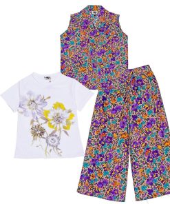 Camufladge-Flowers-Cotton-Sleeves-less-Coat-Tee-&-Plazzo-Brown-White