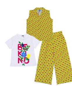 Flowers-Vase--Cotton-Sleeves-less-Coat-Tee-&-Plazzo-Lime-Light-Shocking-Yellow