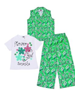 Flowers-Velly-Cotton-Sleeves-less-Coat-Tee-&-Plazzo-Lime-Light-Green