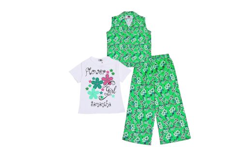Flowers-Velly-Cotton-Sleeves-less-Coat-Tee-&-Plazzo-Lime-Light-Green