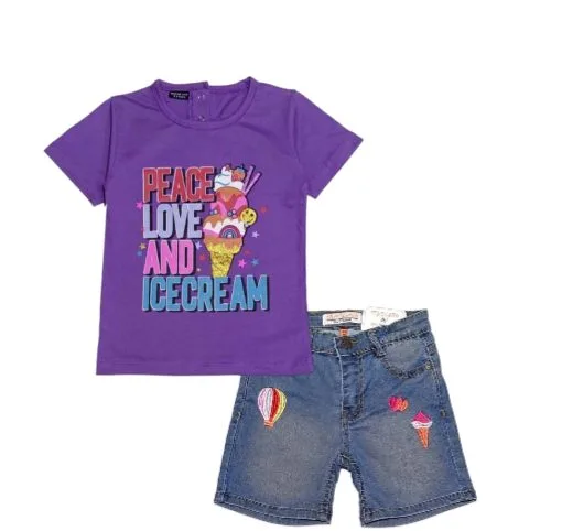 Peace Love & Icecream Tee – Cone & Heart Denim Shorts