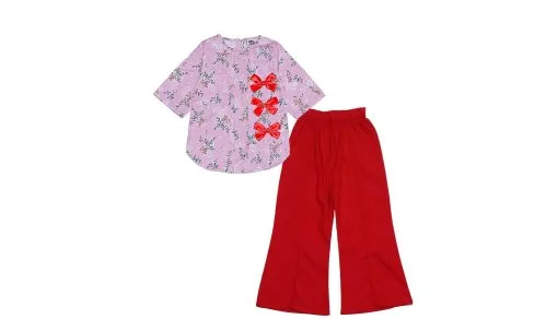 Candy Floral Pleatts Top With Flapper Trouser – Soft Purple & Red