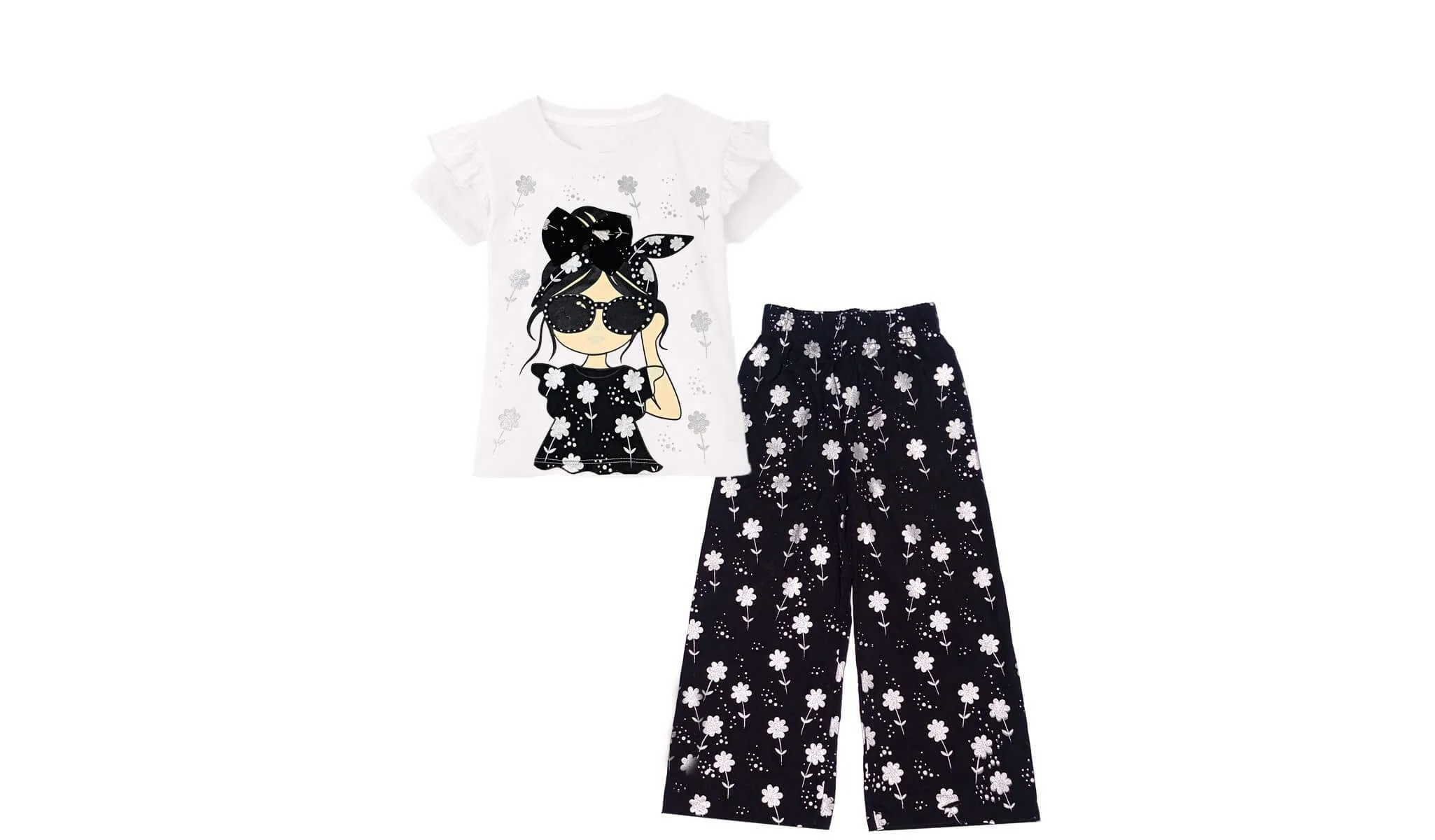 Floral Girl Frill Tee Shirt 7 Plazzo - White & Black