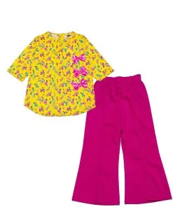 Florocent-Flowers-Pleatts-Top-With-Flapper-Trouser-Yellow Shocking Pink