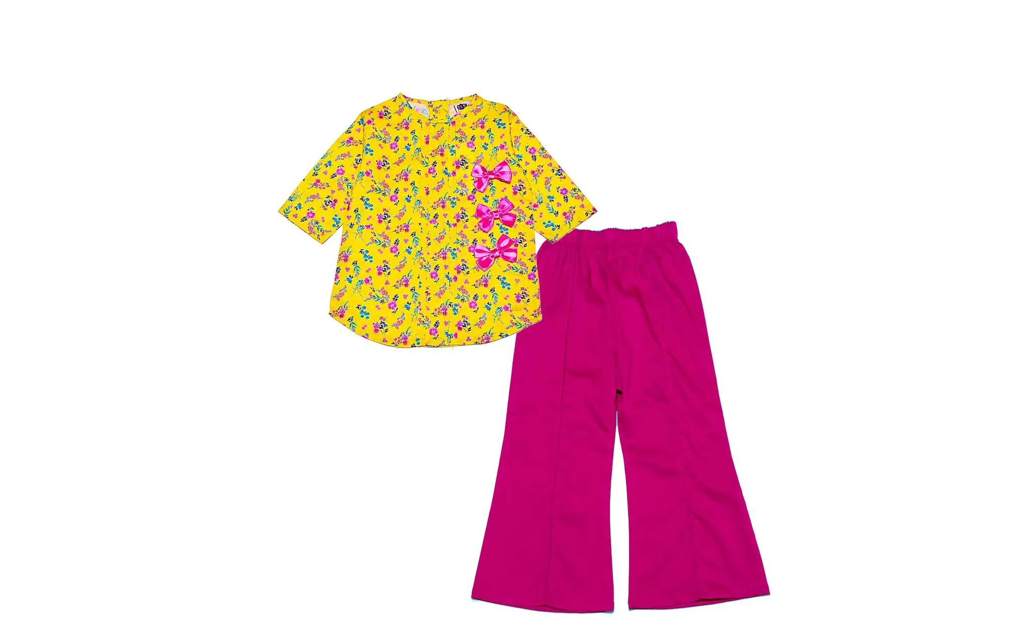 Florocent-Flowers-Pleatts-Top-With-Flapper-Trouser-Yellow Shocking Pink