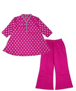 Geomatric-Flowers-Jacard-Umbrella-Frock-&-Flare-Trouser-Shocking-Pink