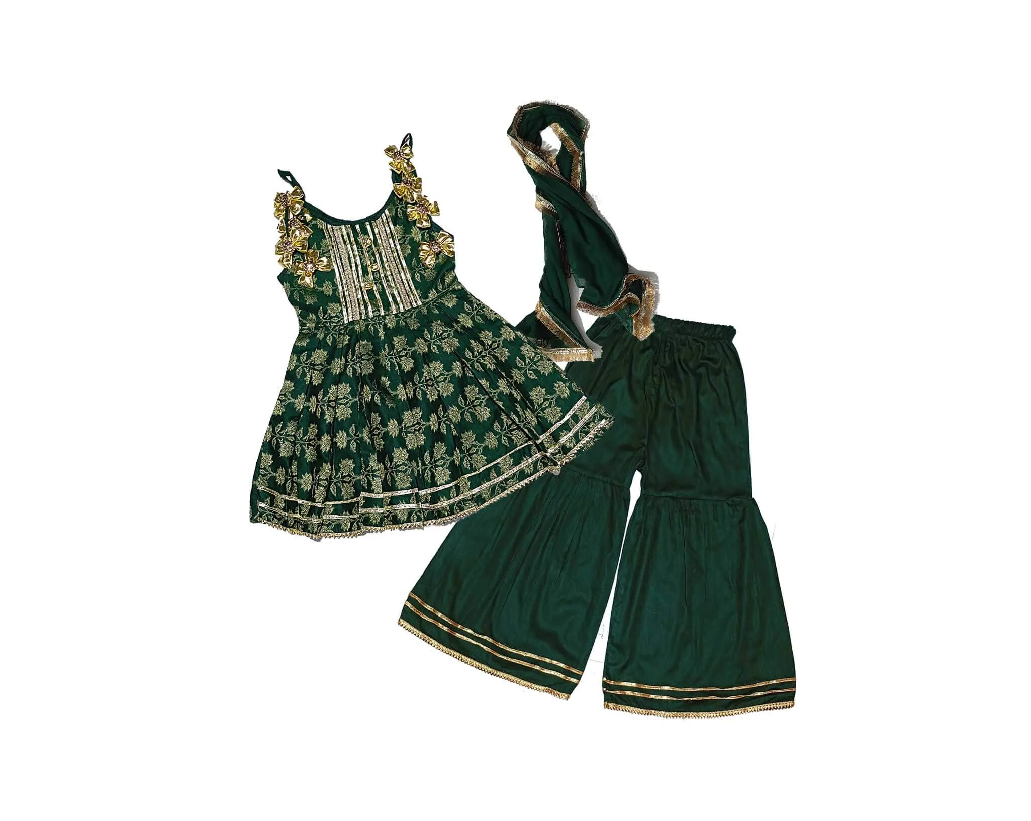 Golden Floral Festive Fancy Brochia Lawn Frock & Gharrara -Green