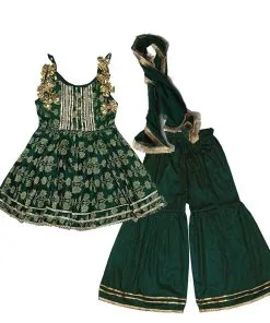 Golden Floral Festive Fancy Brochia Lawn Frock & Gharrara -Green