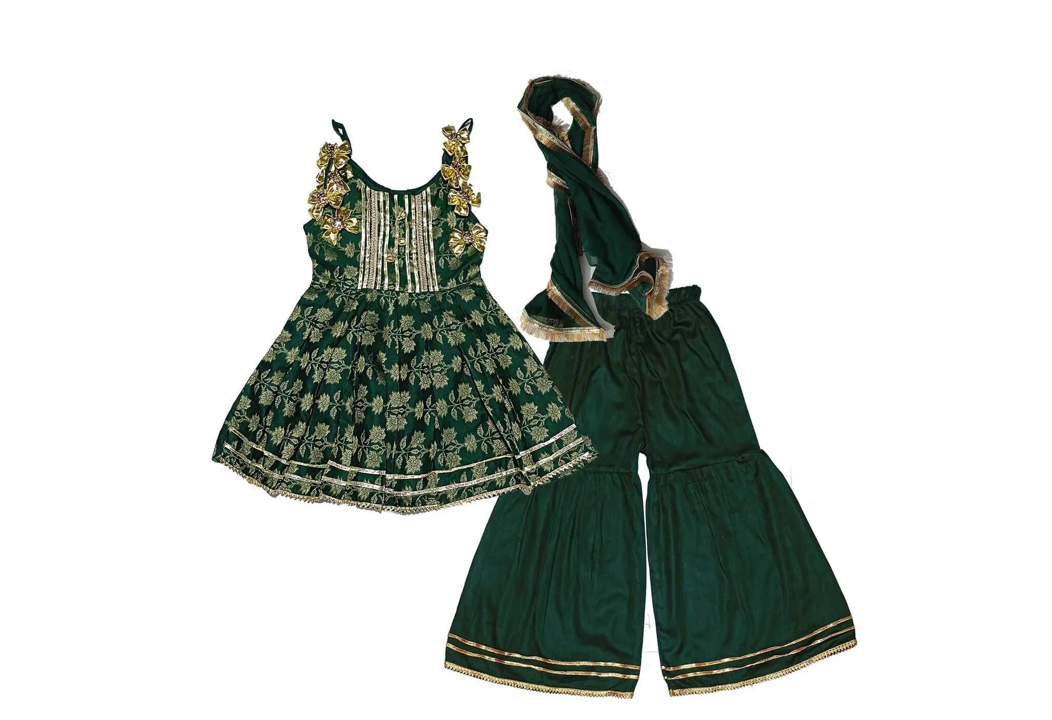 Golden Floral Festive Fancy Brochia Lawn Frock & Gharrara -Green