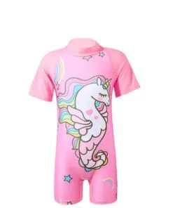 Unicorn-Stars-Print-Girls-One-Piece-Short-Sleeve-Swimsuit
