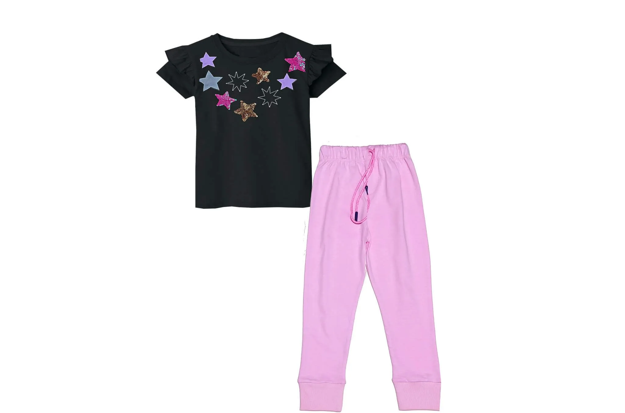 Sequin Shine Stars Tee Shirt & Tights - Black & Baby Pink
