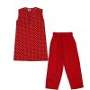 White-Polka-Dor-Cotton-Sleeve-Less-Kurti-&-Trouser-Red