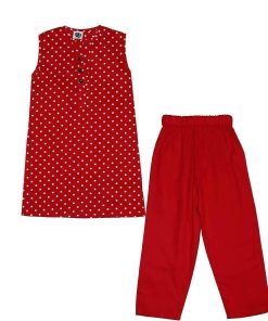 White-Polka-Dor-Cotton-Sleeve-Less-Kurti-&-Trouser-Red