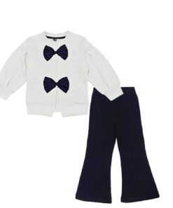 Black Bow Baggy Sleevs Fleece Sweatshirt & Rib Bell Bottom Trouser - Off White & Black