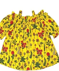 Flowers-Garden-Puff-Sleeves-Frill-Neck-Style-Short-Cotton-Frock---Yellow