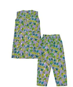 Lemon-Leaves-Sleeveless-Lawn-Fabric-Kurti-&-Trouser---Light-Grey