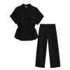 Top-Fashion-Short-Sleeve--Elastic-Waist-Cotton-Top-&--Wide-Leg-Pants-Black