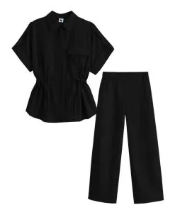 Top-Fashion-Short-Sleeve--Elastic-Waist-Cotton-Top-&--Wide-Leg-Pants-Black