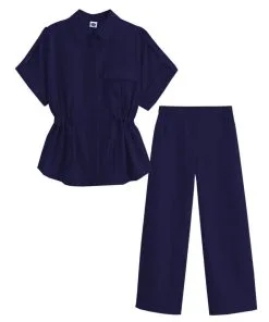Top-Fashion-Short-Sleeve--Elastic-Waist-Cotton-Top-&--Wide-Leg-Pants-Navy-Blue