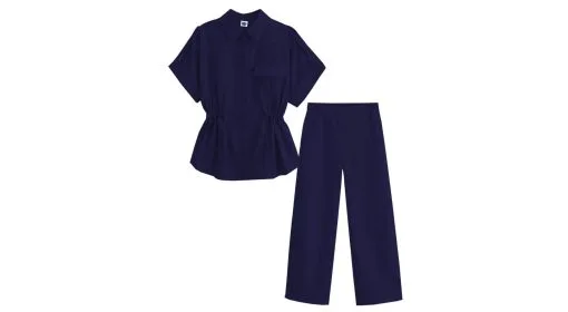 Top-Fashion-Short-Sleeve--Elastic-Waist-Cotton-Top-&--Wide-Leg-Pants-Navy-Blue