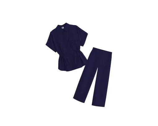 Top Fashion Short Sleeve Elastic Waist Cotton Top & Wide Leg Pants-Navy-Blue - Image 2