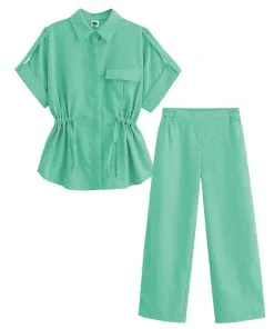 Top-Fashion-Short-Sleeve--Elastic-Waist-Cotton-Top-&--Wide-Leg-Pants---Pistachio-green