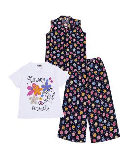 3 Pcs Ditsy Floral Sleeves less Coat Tee & Plazzo - Black
