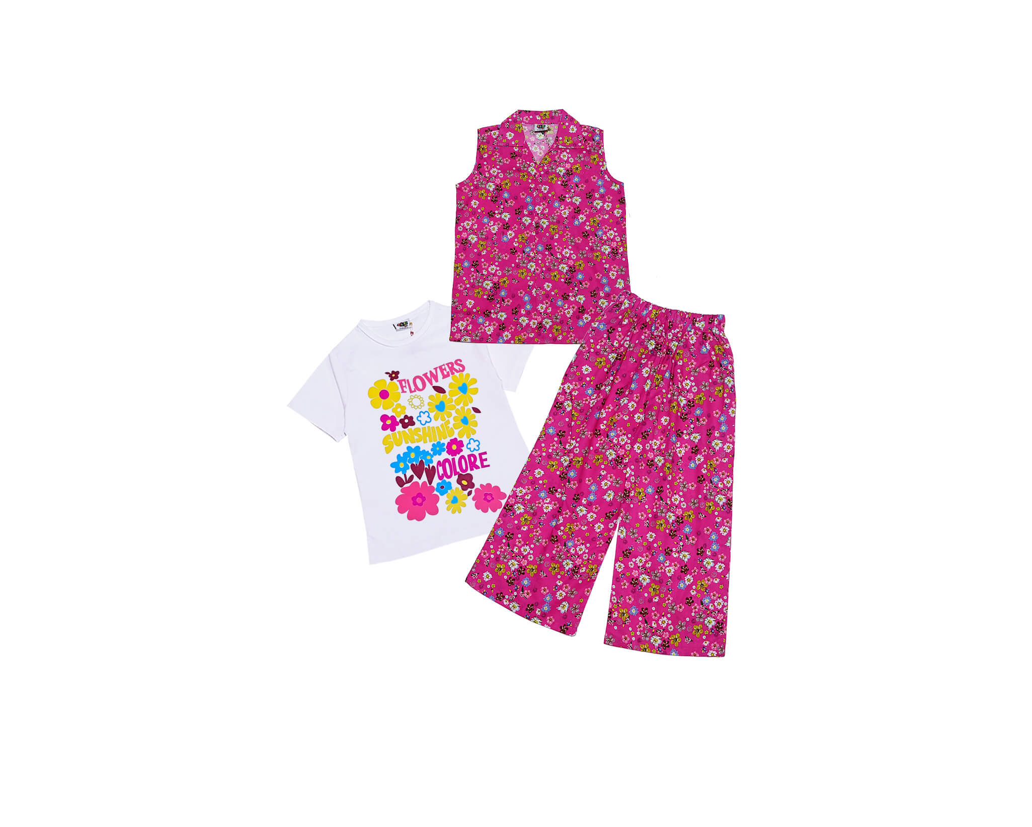 3 Pcs Happy Bloom Floral Sleeves less Coat Tee & Plazzo - Shocking Pink