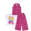 3 Pcs Happy Bloom Floral Sleeves less Coat Tee & Plazzo - Shocking Pink