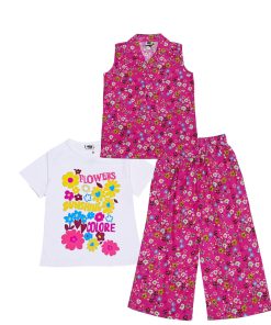 3 Pcs Happy Bloom Floral Sleeves less Coat Tee & Plazzo - Shocking Pink