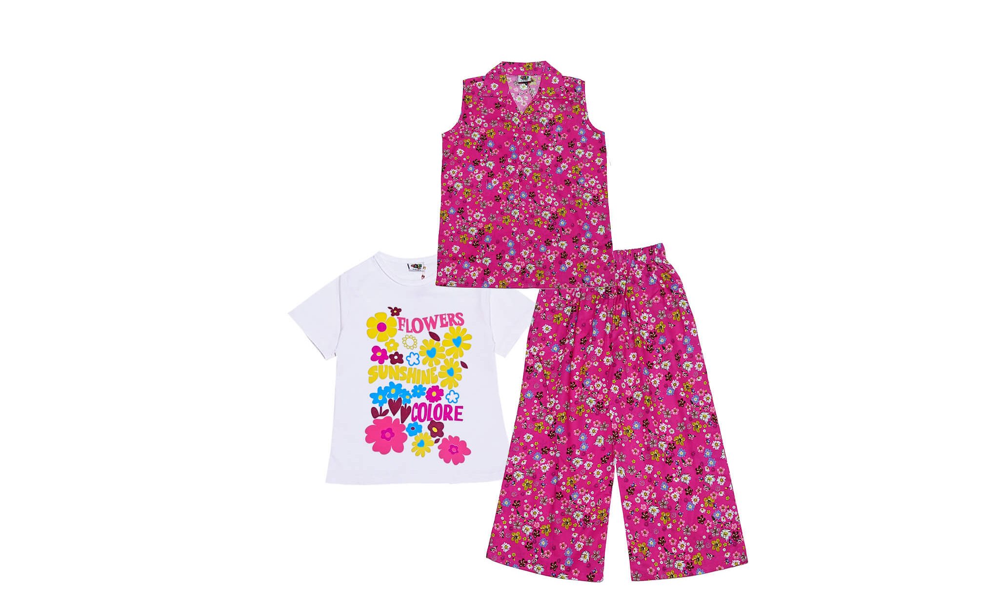 3 Pcs Happy Bloom Floral Sleeves less Coat Tee & Plazzo - Shocking Pink