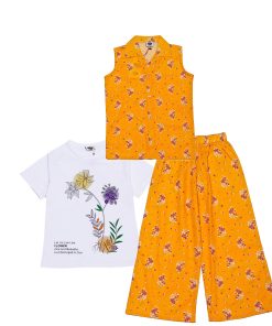3 Pcs Rose Petal Floral Sleeves less Coat Tee & Plazzo - Mustard