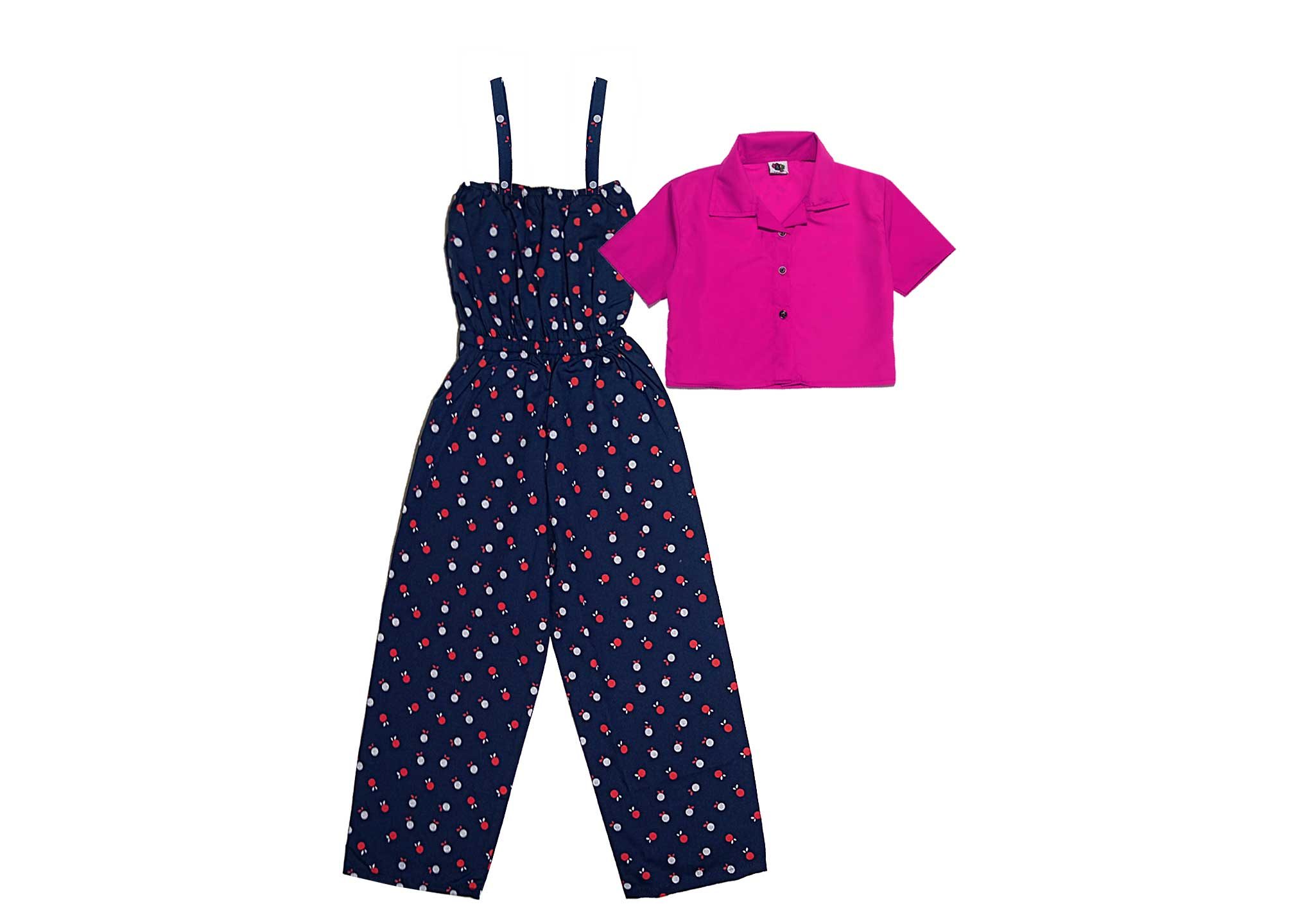Red & White Polka Dot Jump Suit with Short Coat Coller Shirt - Navy Blue & Pink