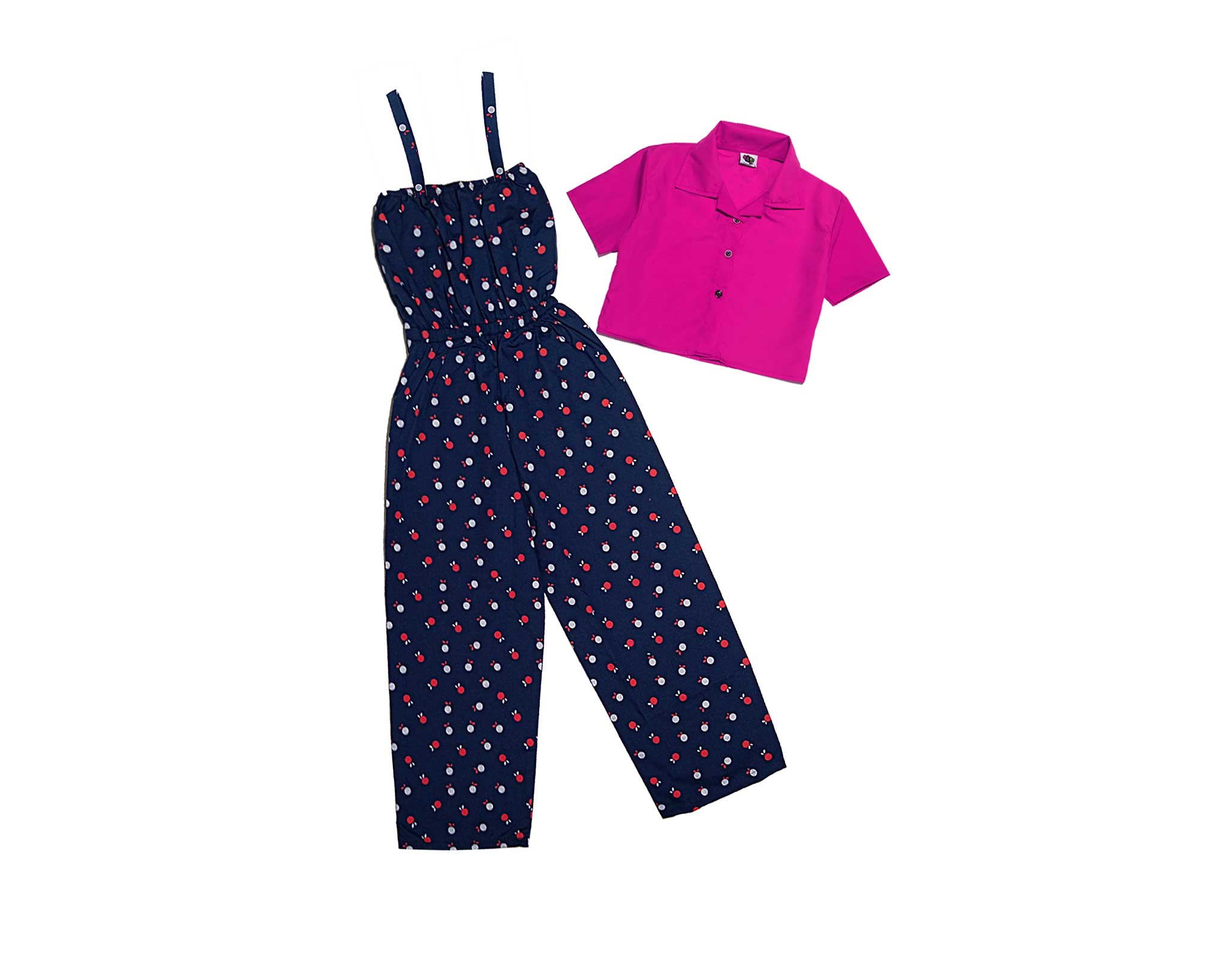 Red & White Polka Dot Jump Suit with Short Coat Coller Shirt - Navy Blue & Pink