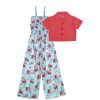 Blue & Red Floral Cotton Jumpsuit with Kotti - Sky Blue & Carrot
