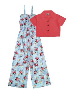 Blue & Red Floral Cotton Jumpsuit with Kotti - Sky Blue & Carrot
