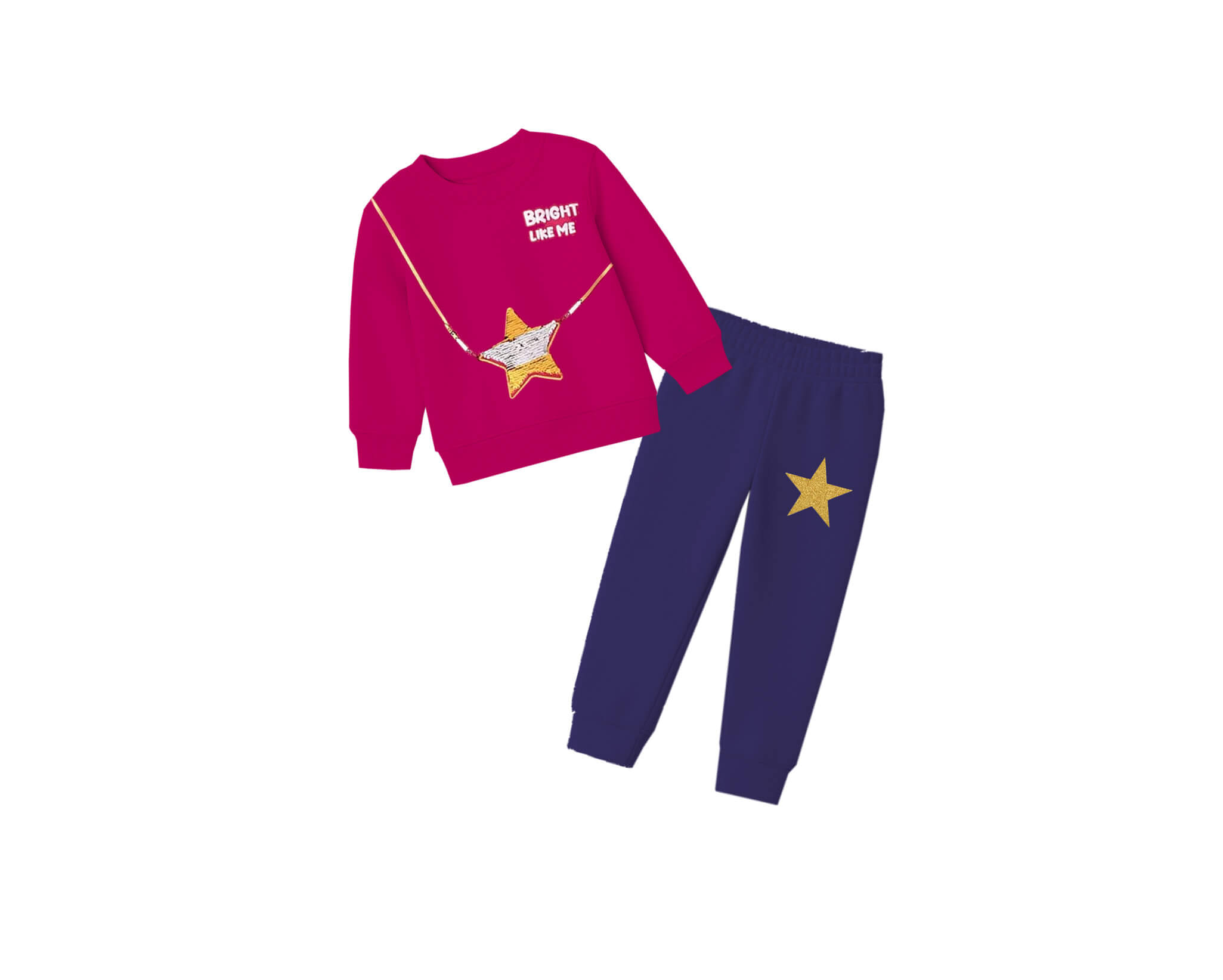 Bright Like Me Sequins Star Fleece Tracksuit - Shocking Pink & Ink Blue