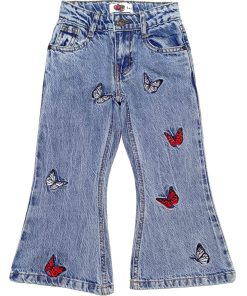 Butterfly World Acid Wash Bell Bottom Denim Pabt - Sky Blue