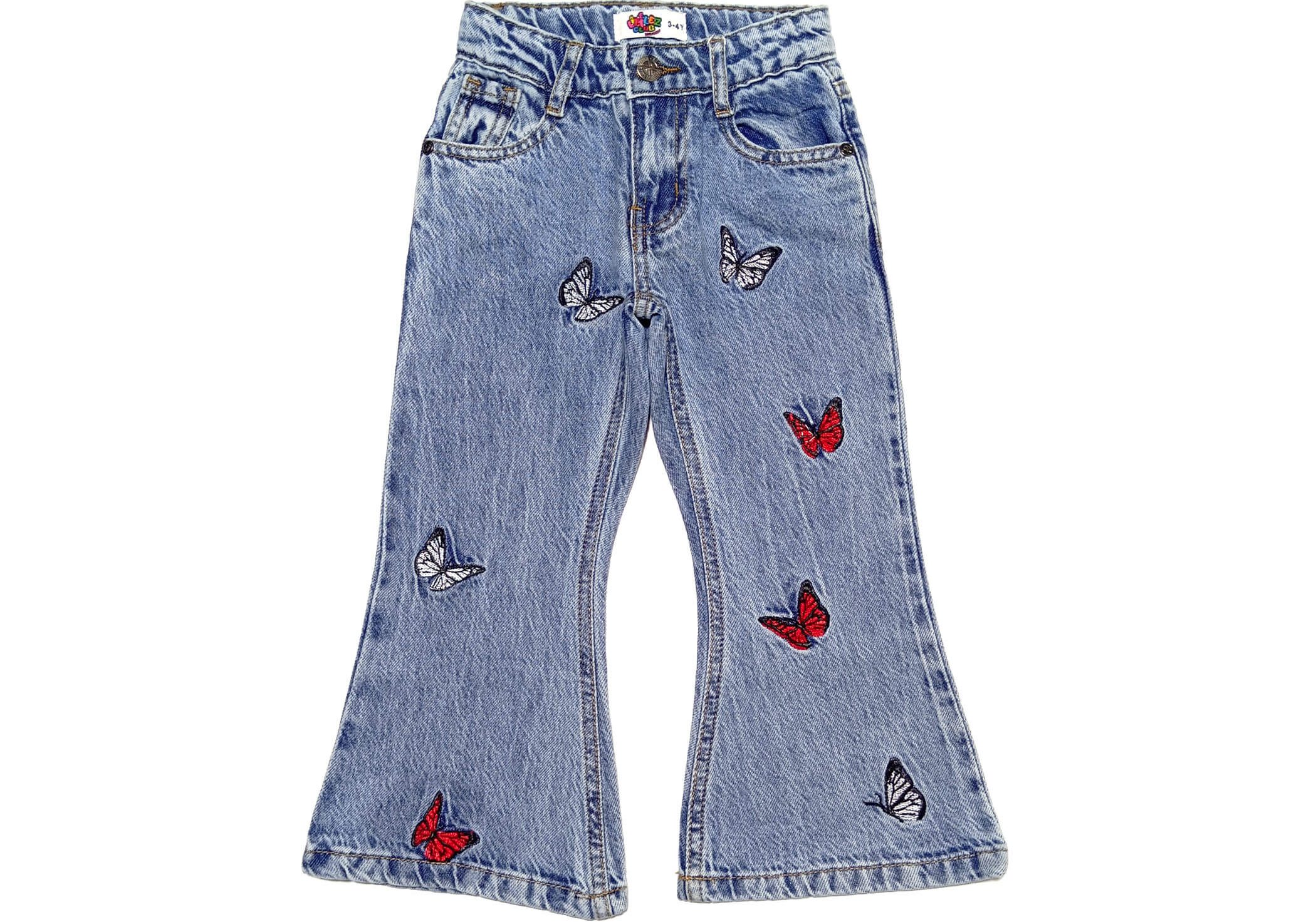 Butterfly World Acid Wash Bell Bottom Denim Pabt - Sky Blue