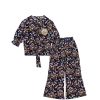 Cocktail Flowers Three Quarter Sleeves Cotton Short Top & Flaper Trouser – Black