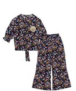 Cocktail Flowers Three Quarter Sleeves Cotton Short Top & Flaper Trouser – Black