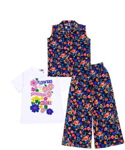 Florocent-Flowers-Cotton-Sleeves-less-Coat-Tee-&-Plazzo-Black