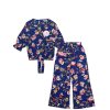 Golden Floral Three Quarter Sleeves Cotton Short Top & Flaper Trouser - Blue