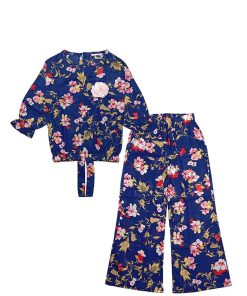 Golden Floral Three Quarter Sleeves Cotton Short Top & Flaper Trouser - Blue