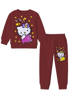 Kitty with Hearts Pink Sequins Frock Fleece Tracksuit - Maroon