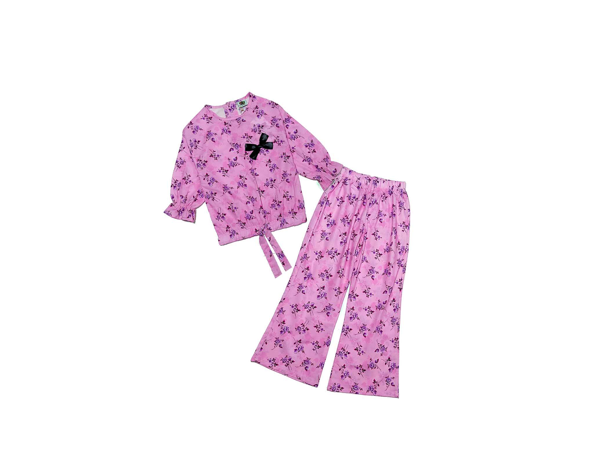 Lillac Florals Three Quarter Sleeves Cotton Short Top & Flaper Trouser – Pink