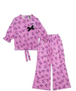 Lillac Florals Three Quarter Sleeves Cotton Short Top & Flaper Trouser – Pink